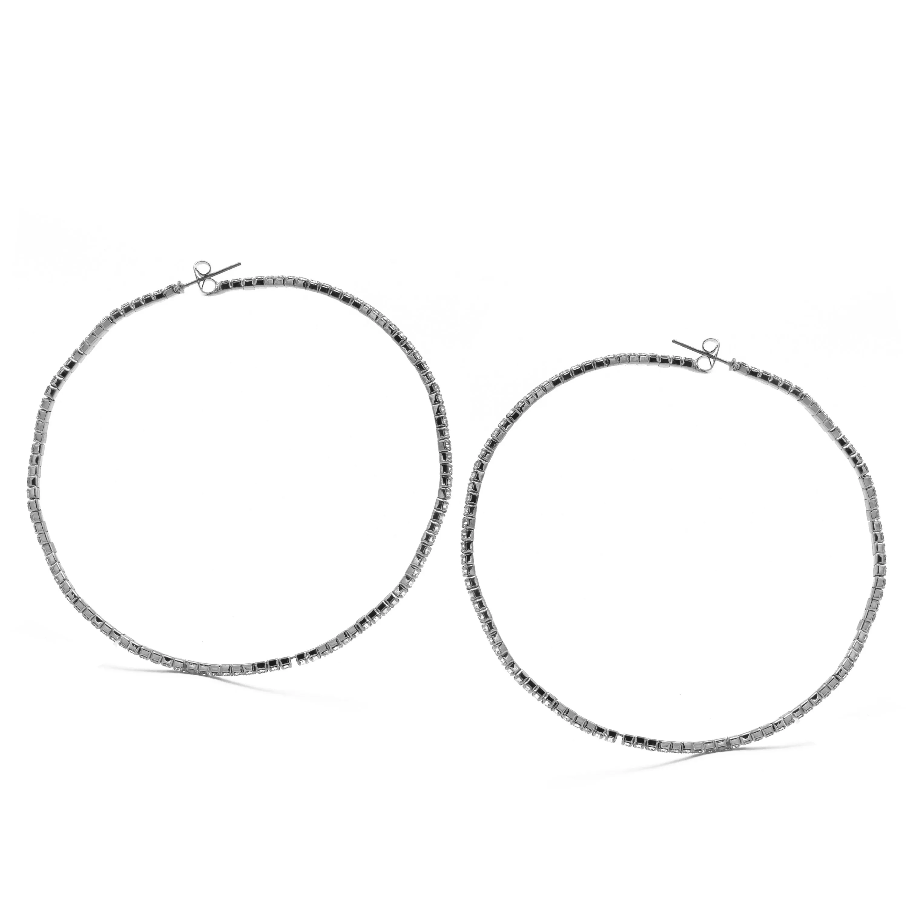SILVER RHINESTONE HOOP EARRINGS 3" INCH DIAMETER#HNE90615RD(IC25)