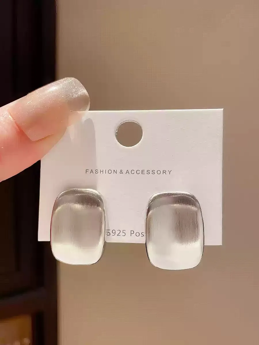 Silver Tone Rounded Square Domed Plate Stud Earrings