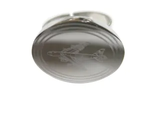 Silver Toned Etched Oval Jumbo Jet Plane Adjustable Size Fashion Ring