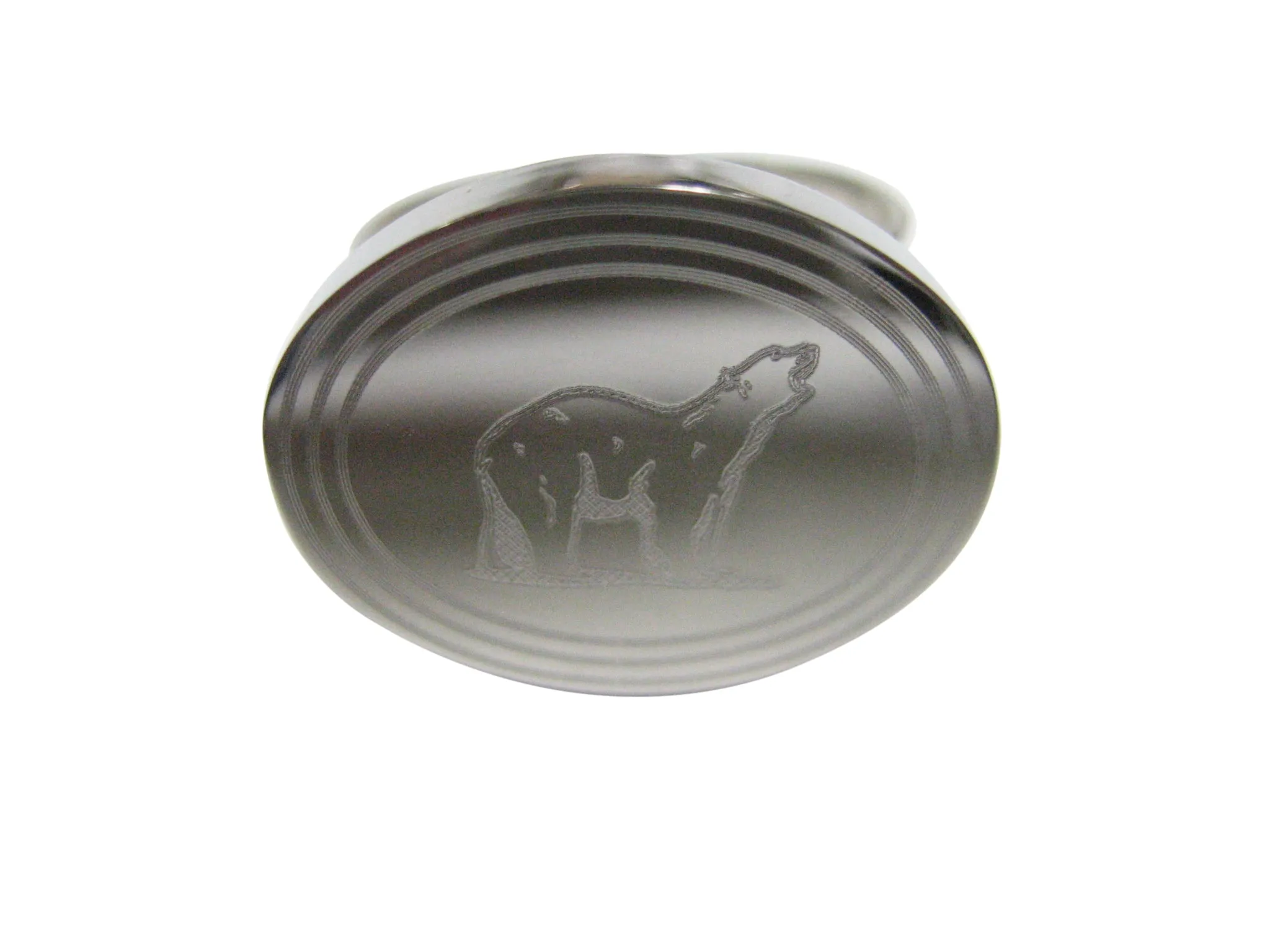 Silver Toned Etched Oval Polar Bear Adjustable Size Fashion Ring