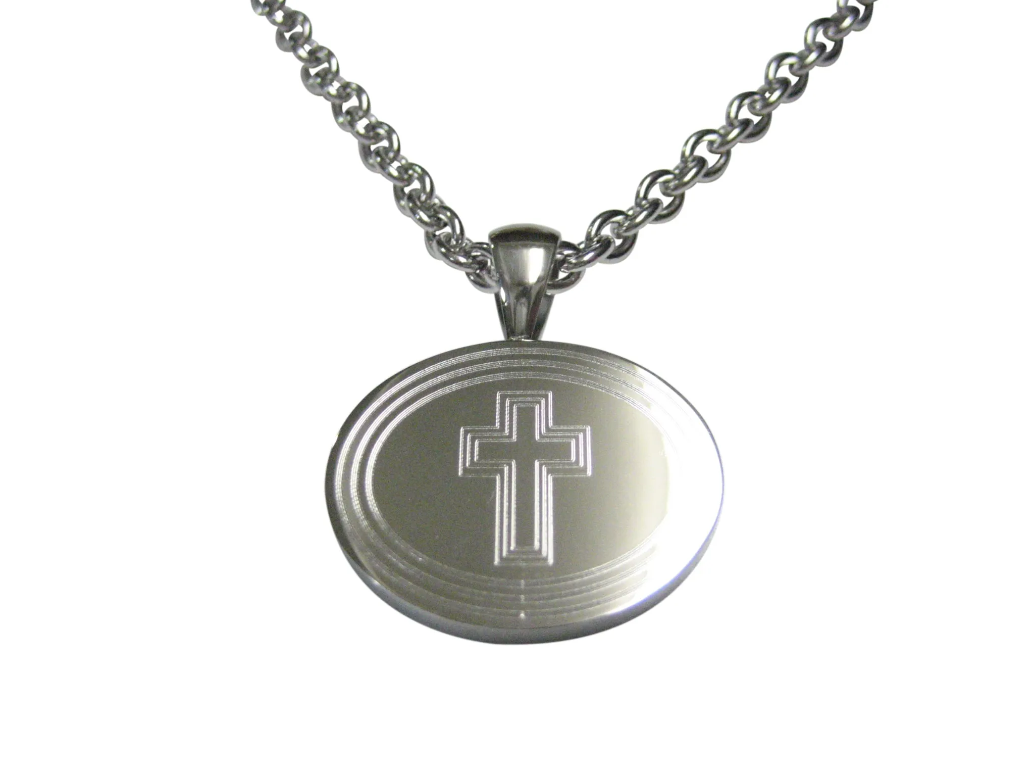 Silver Toned Etched Oval Triple Religious Cross Pendant Necklace