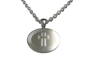Silver Toned Etched Oval Triple Religious Cross Pendant Necklace