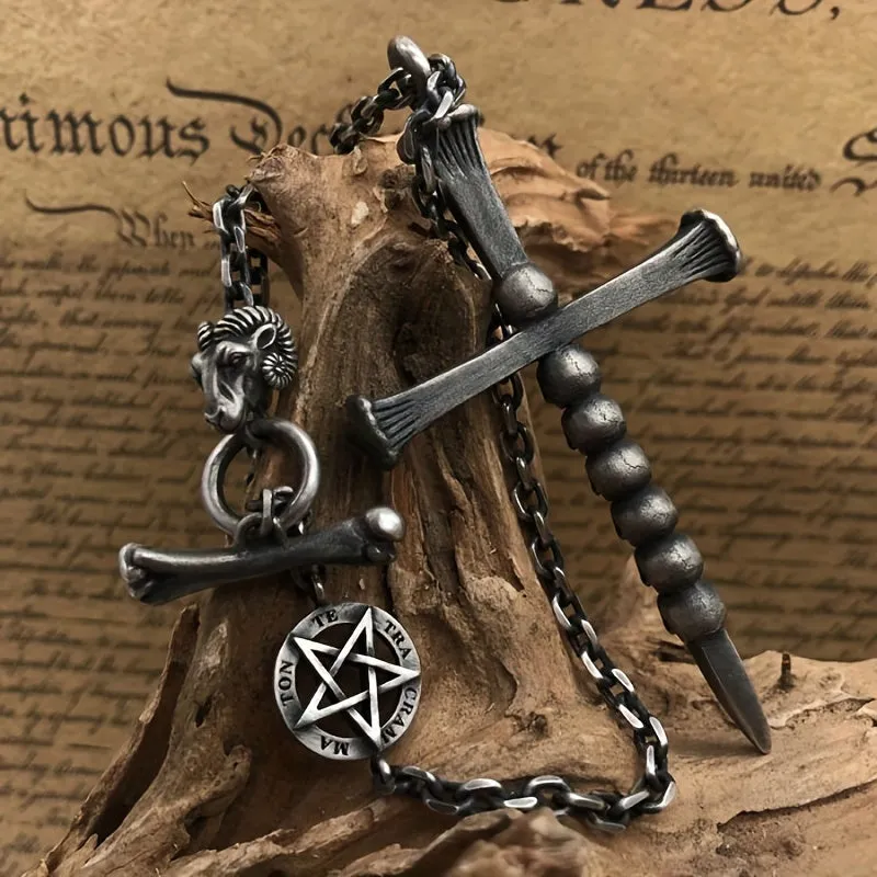 Skeleton Cross Necklace Men's Retro Punk Hip hop Pendant