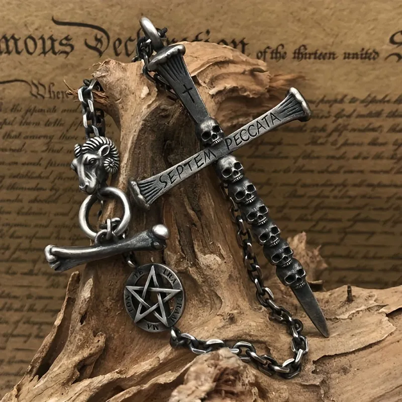 Skeleton Cross Necklace Men's Retro Punk Hip hop Pendant