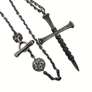 Skeleton Cross Necklace Men's Retro Punk Hip hop Pendant