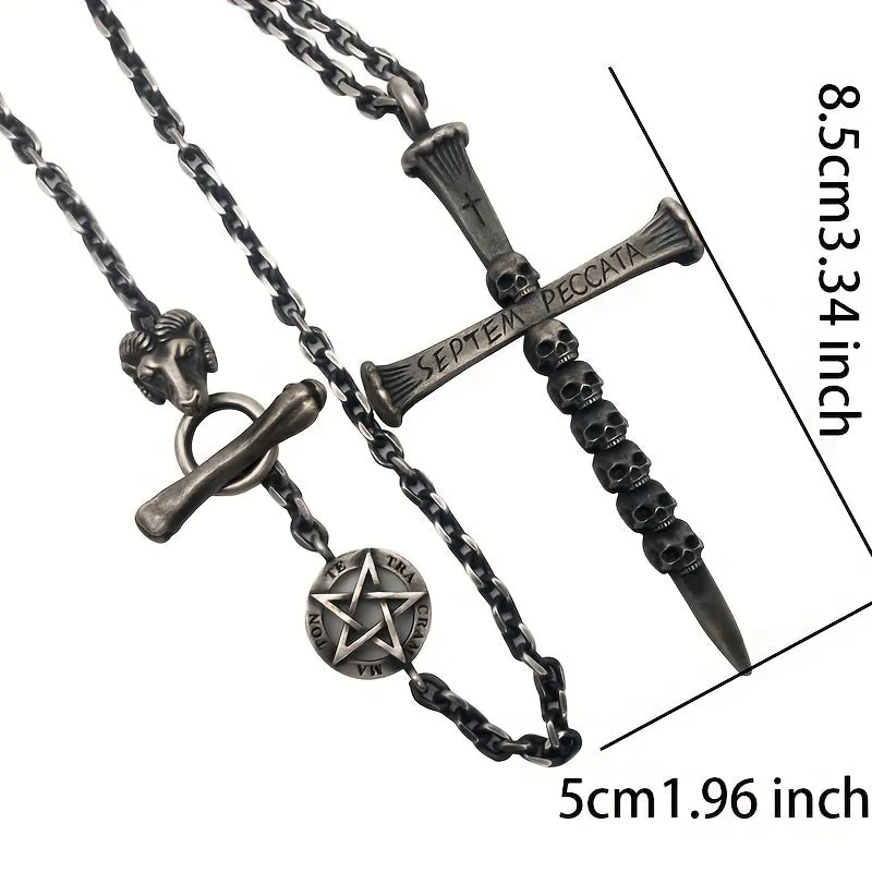Skeleton Cross Necklace Men's Retro Punk Hip hop Pendant
