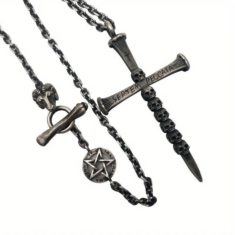 Skeleton Cross Necklace Men's Retro Punk Hip hop Pendant