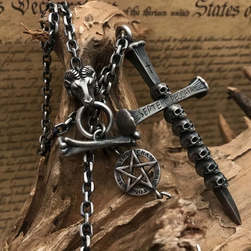 Skeleton Cross Necklace Men's Retro Punk Hip hop Pendant