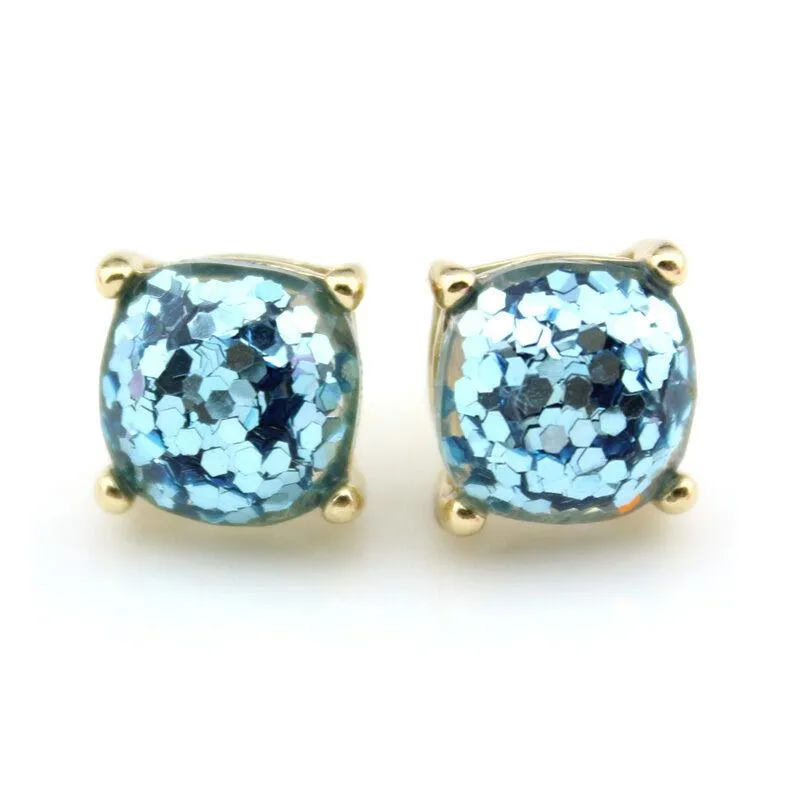 Sky Blue Glitter Gold Tone Earrings