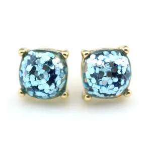 Sky Blue Glitter Gold Tone Earrings