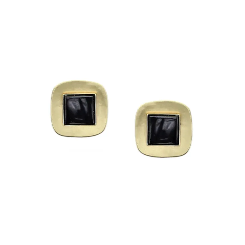 Small Brass Rounded Square with Gemstone Clip or Post Earring