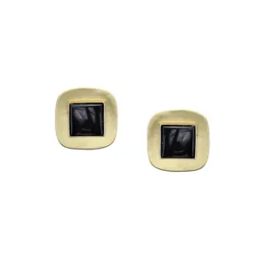 Small Brass Rounded Square with Gemstone Clip or Post Earring