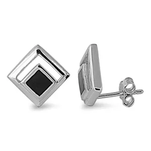 Square Earrings Black Simulated Onyx .925 Sterling Silver