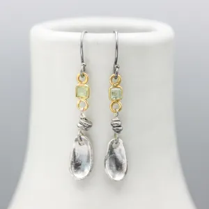 Square green tourmaline earrings in bezel setting with silver leaf on sterling silver hooks style