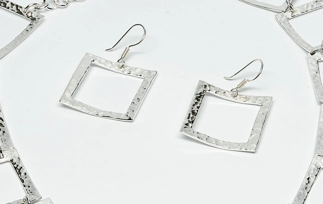 Square Pounded Sterling Silver Dangle Earrings