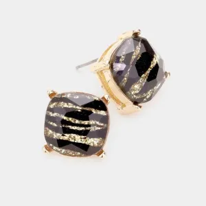 Square Zebra Stone Gold Stud Earrings