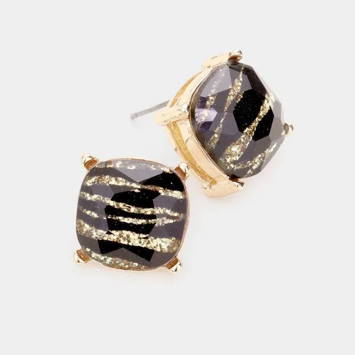 Square Zebra Stone Gold Stud Earrings