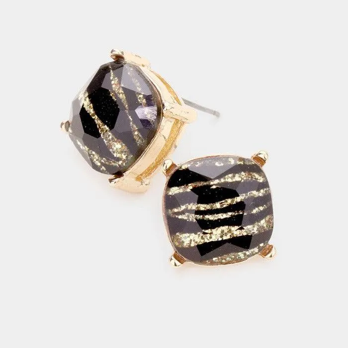 Square Zebra Stone Gold Stud Earrings