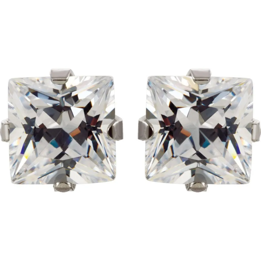 Stainless Steel 7mm Square Cubic Zirconia Piercing Earrings