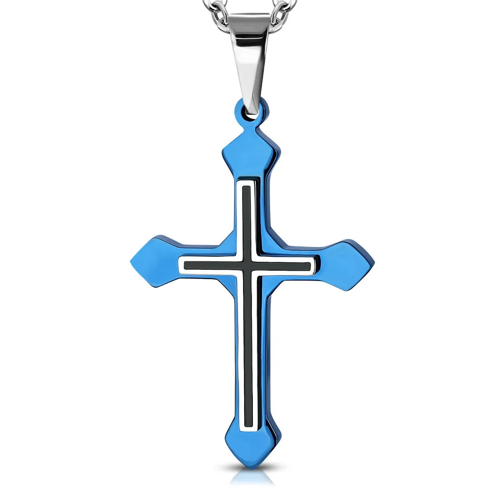 Stainless Steel Black Blue Religious Latin Cross Pendant Necklace