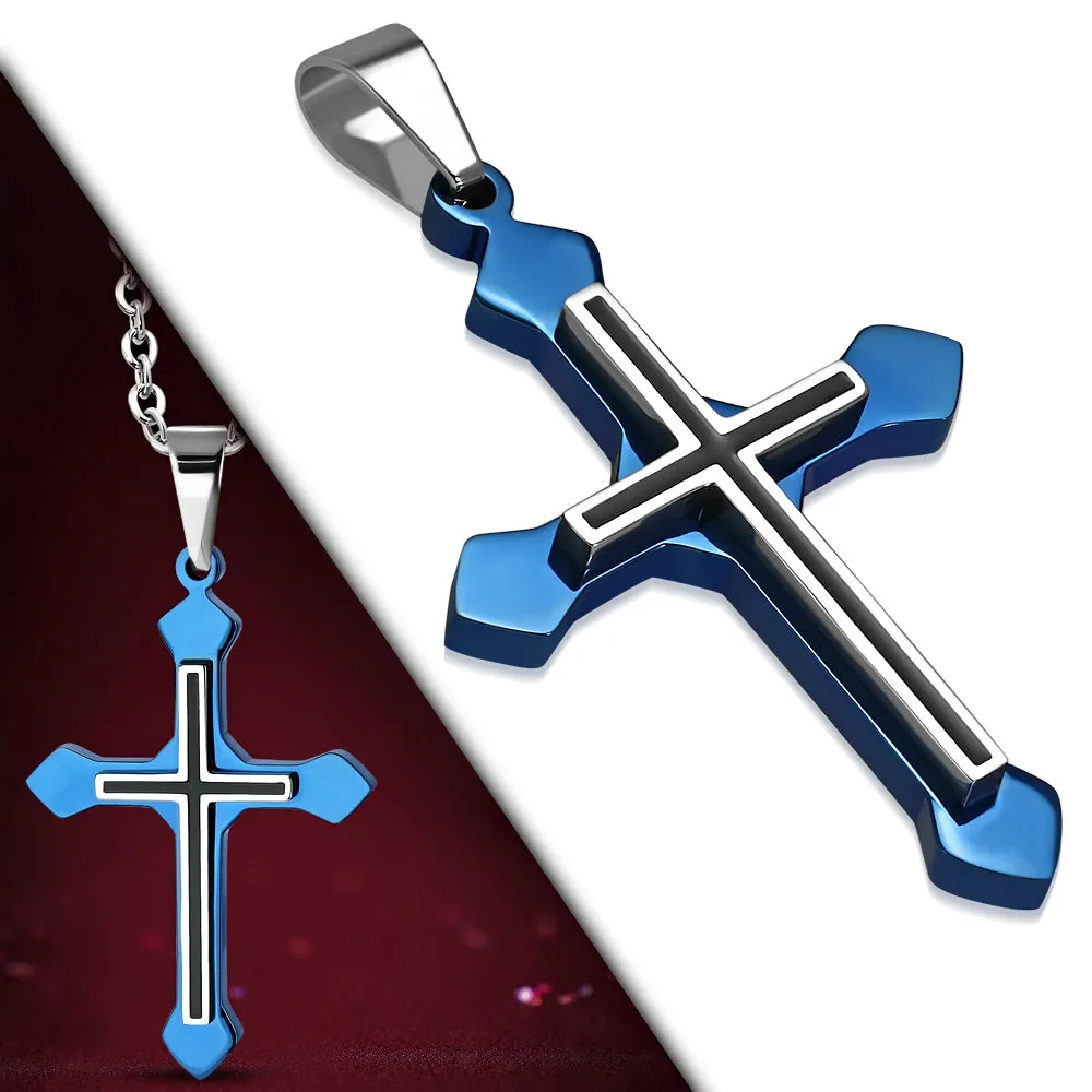 Stainless Steel Black Blue Religious Latin Cross Pendant Necklace