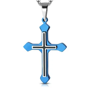 Stainless Steel Black Blue Religious Latin Cross Pendant Necklace