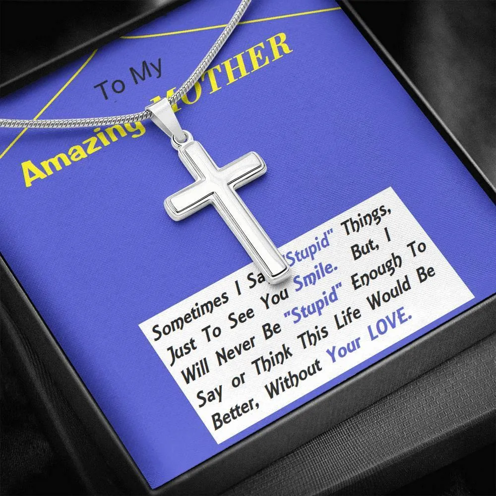 Stainless Steel Cross Necklace, Mom Gift, Mother, Custom Message Card, Birthday, Christmas
