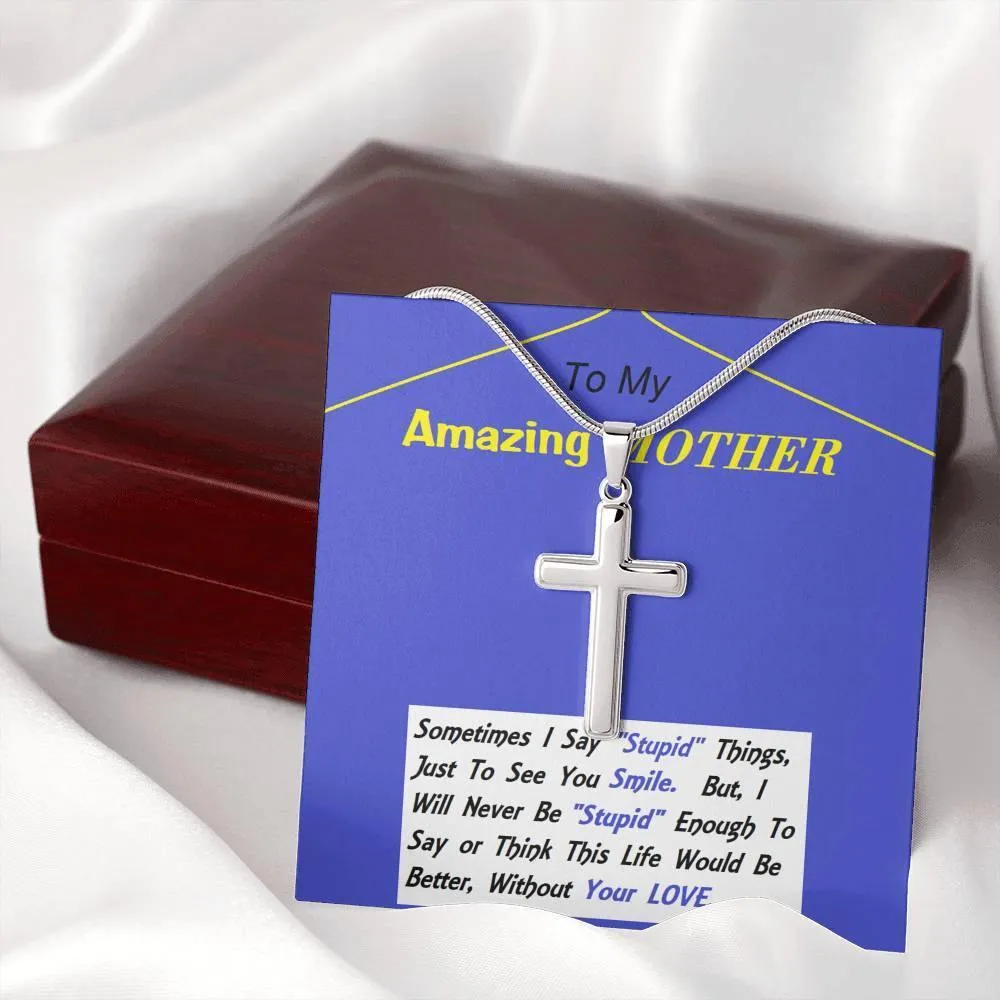 Stainless Steel Cross Necklace, Mom Gift, Mother, Custom Message Card, Birthday, Christmas