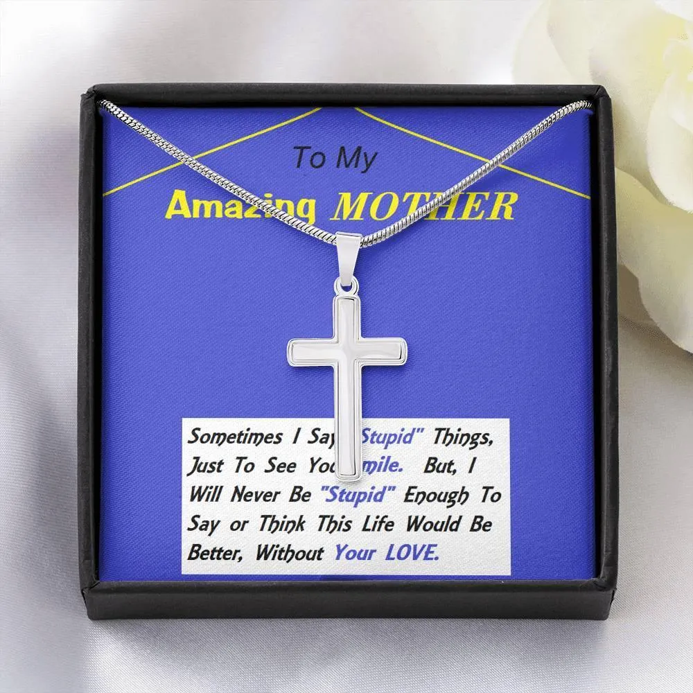 Stainless Steel Cross Necklace, Mom Gift, Mother, Custom Message Card, Birthday, Christmas