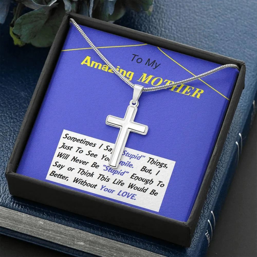 Stainless Steel Cross Necklace, Mom Gift, Mother, Custom Message Card, Birthday, Christmas