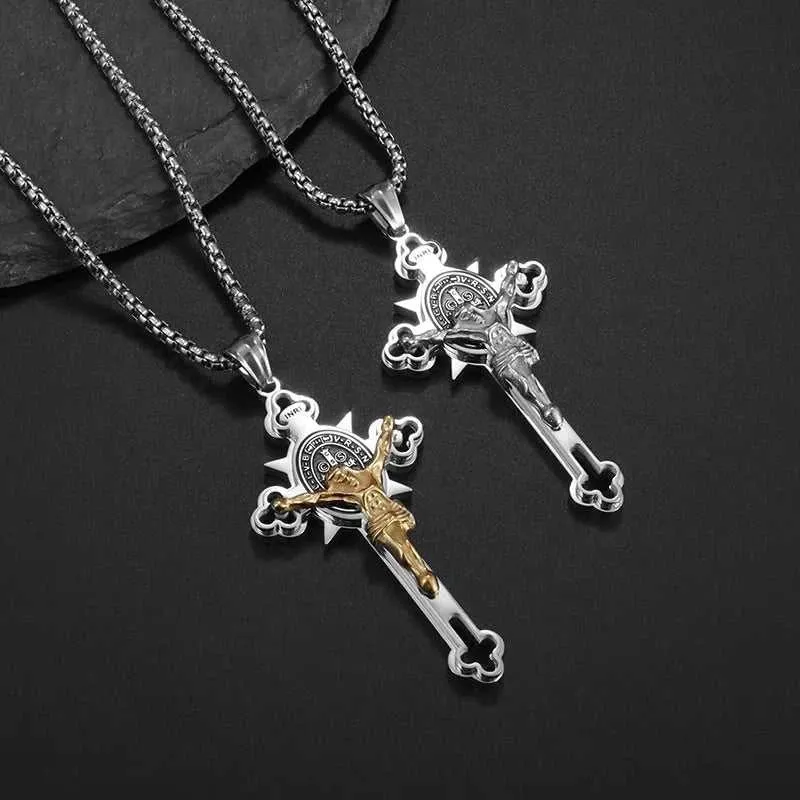 Stainless Steel Cross Pendant Necklaces Classical Sparkling 24K Gold-Plated