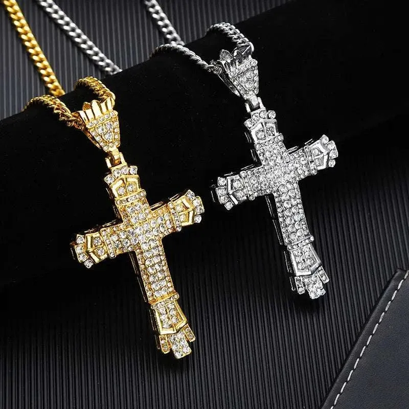 Stainless Steel Cross Pendant Necklaces Classical Sparkling 24K Gold-Plated