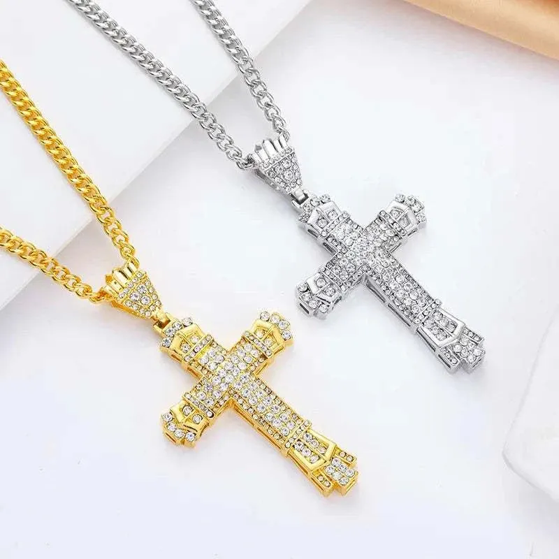 Stainless Steel Cross Pendant Necklaces Classical Sparkling 24K Gold-Plated