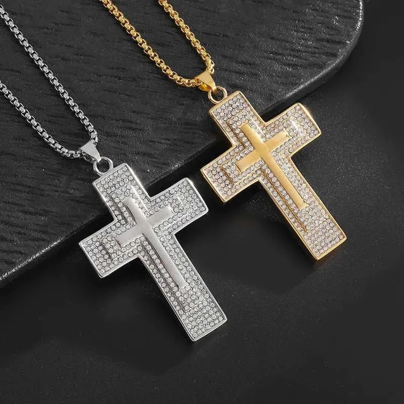 Stainless Steel Cross Pendant Necklaces Classical Sparkling 24K Gold-Plated