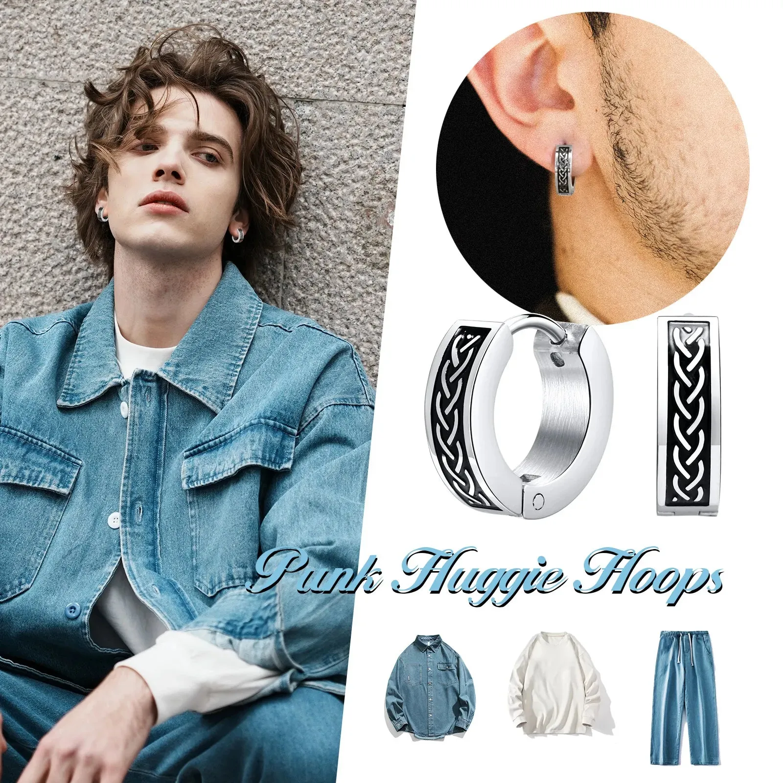 Stainless Steel Rock Punk Huggie Earrings For Men