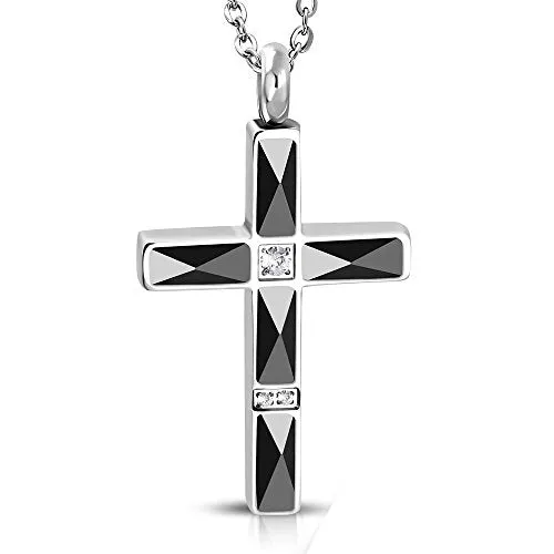 Stainless Steel Silver-Tone Black White Clear CZ Religious Cross Pendant Necklace