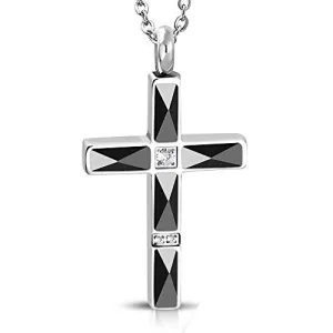 Stainless Steel Silver-Tone Black White Clear CZ Religious Cross Pendant Necklace