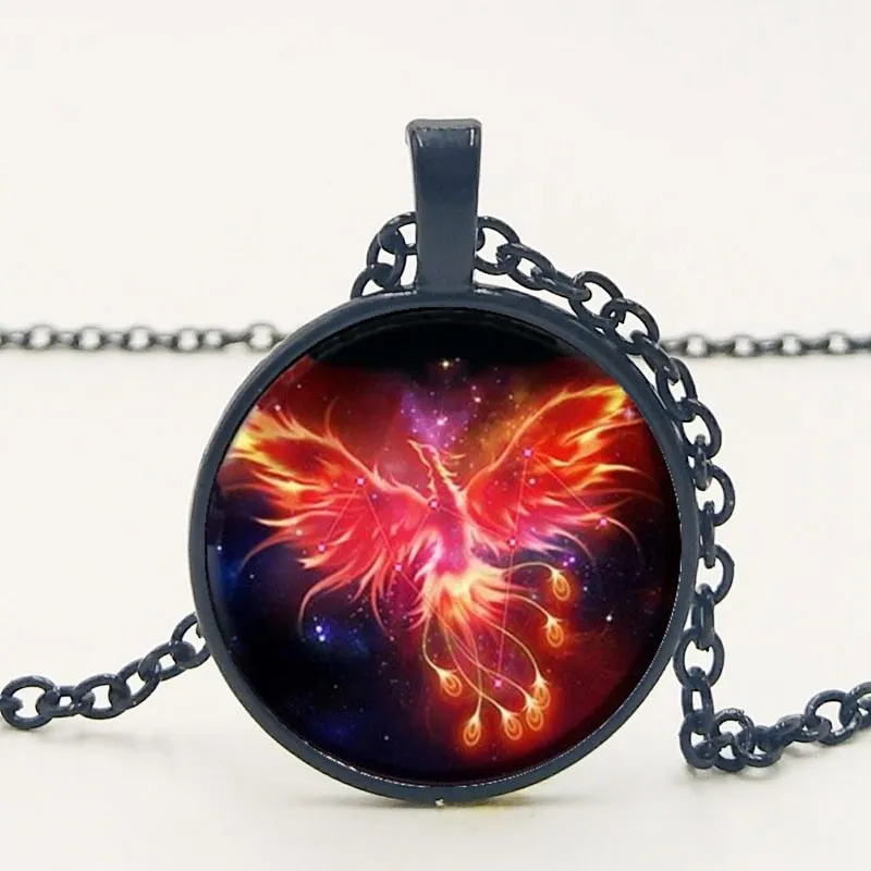 Starry Sky Beast Phoenix Constellation Gold Saint Glass Pendant Necklace Classic Comic Memory Jewelry