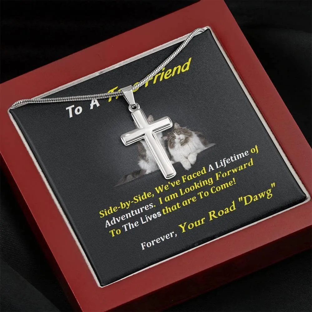 Steel Cross Necklace, Birthday, For Friend, Custom Message Card, Cat Lover Gift