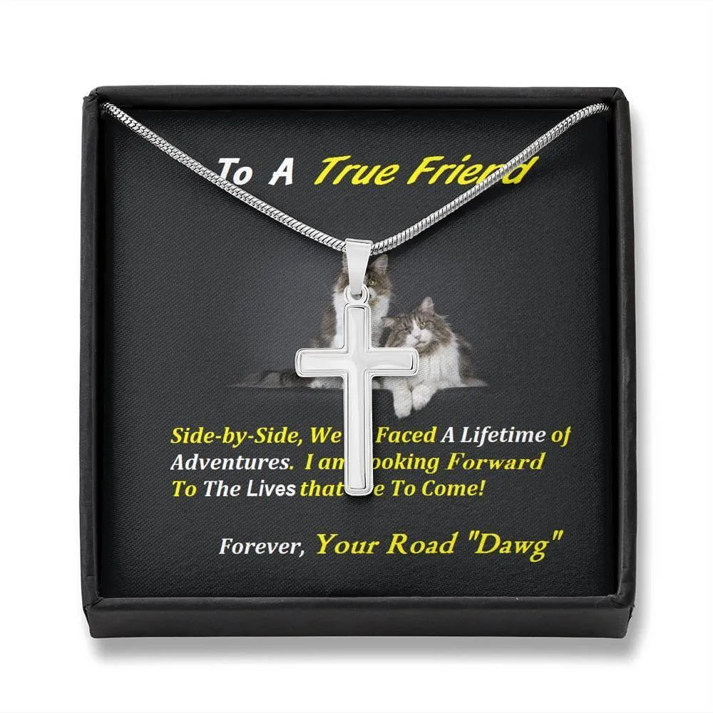 Steel Cross Necklace, Birthday, For Friend, Custom Message Card, Cat Lover Gift