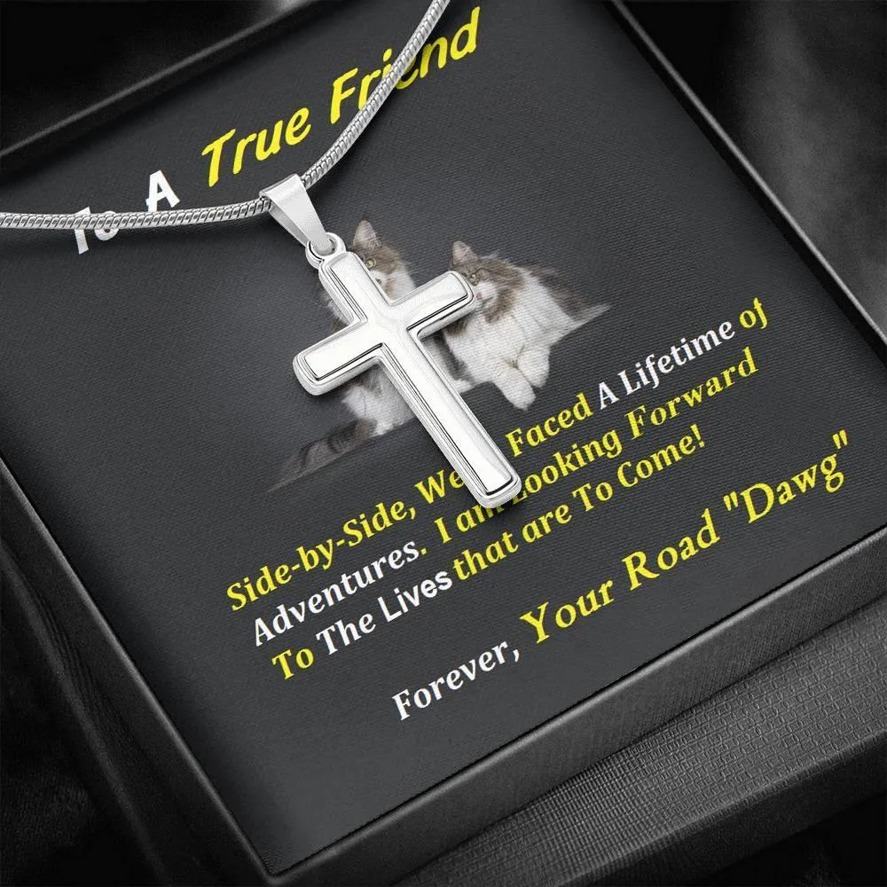 Steel Cross Necklace, Birthday, For Friend, Custom Message Card, Cat Lover Gift