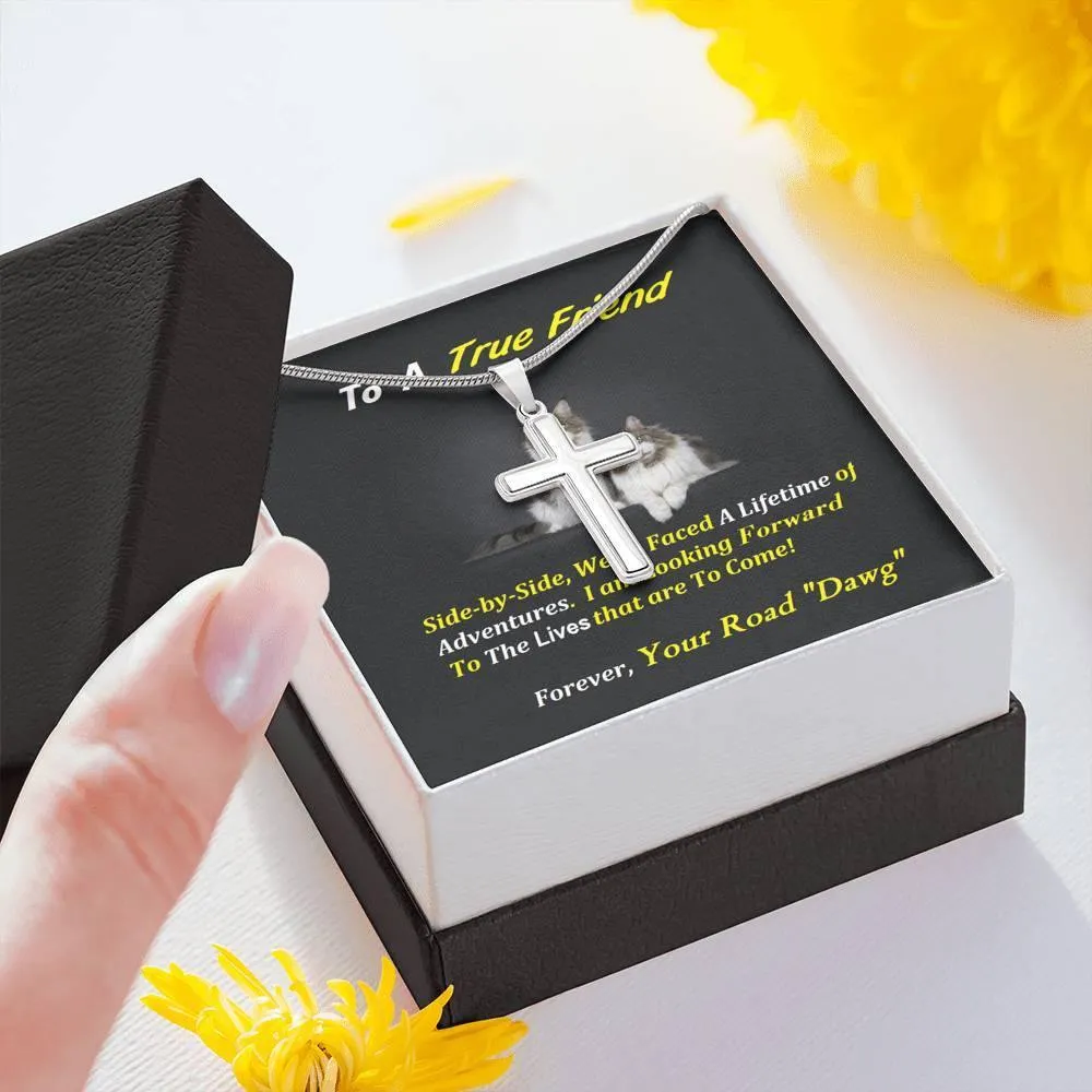 Steel Cross Necklace, Birthday, For Friend, Custom Message Card, Cat Lover Gift