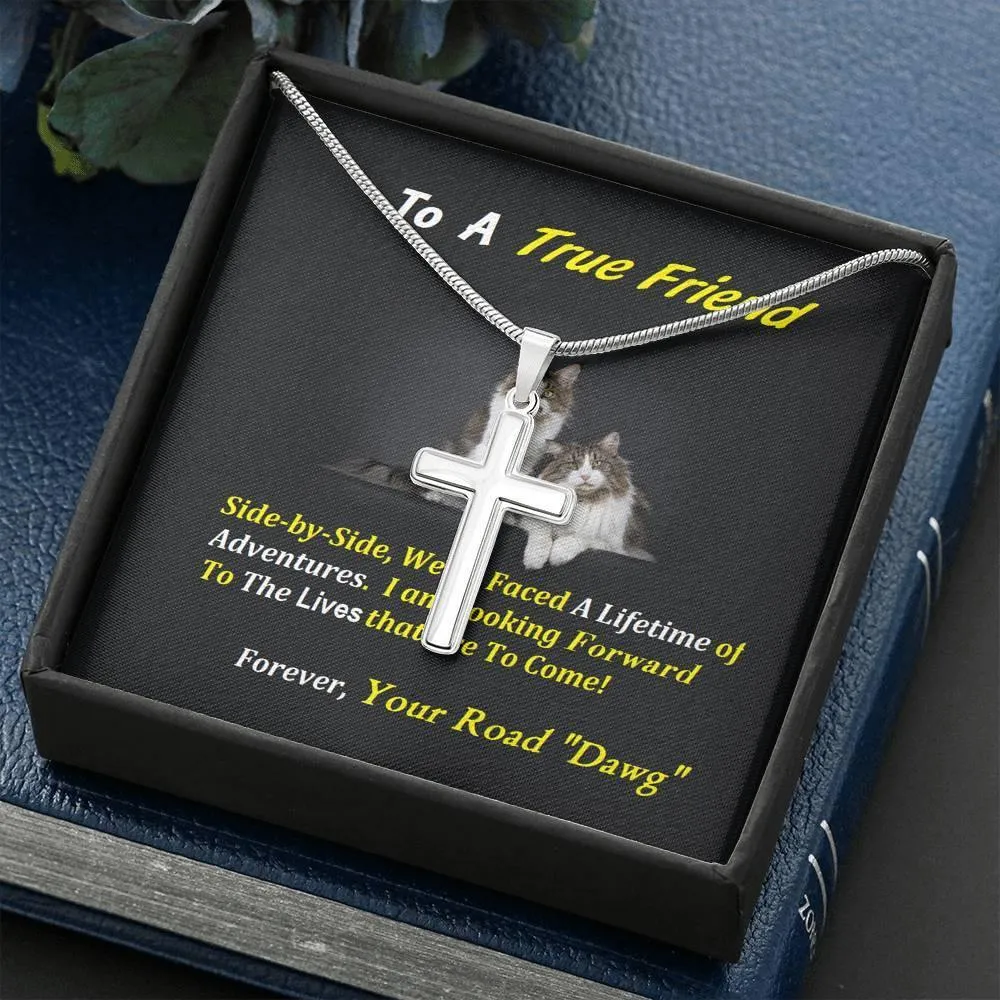 Steel Cross Necklace, Birthday, For Friend, Custom Message Card, Cat Lover Gift