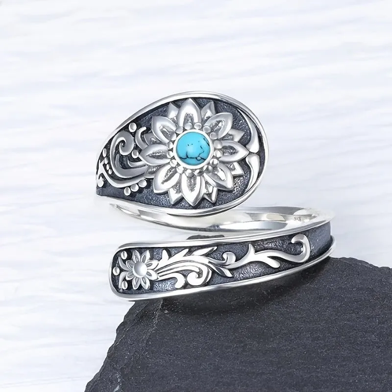 Sterling Silver Adjustable Ring with Turquoise Floral Inlay – 925 Open Bypass Design