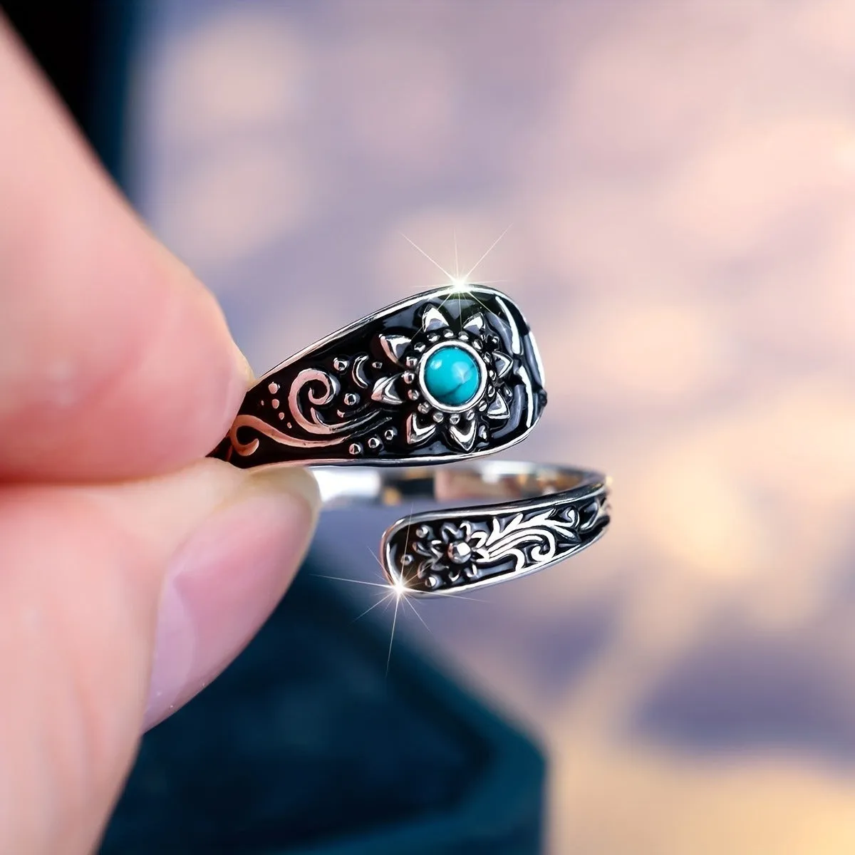 Sterling Silver Adjustable Ring with Turquoise Floral Inlay – 925 Open Bypass Design