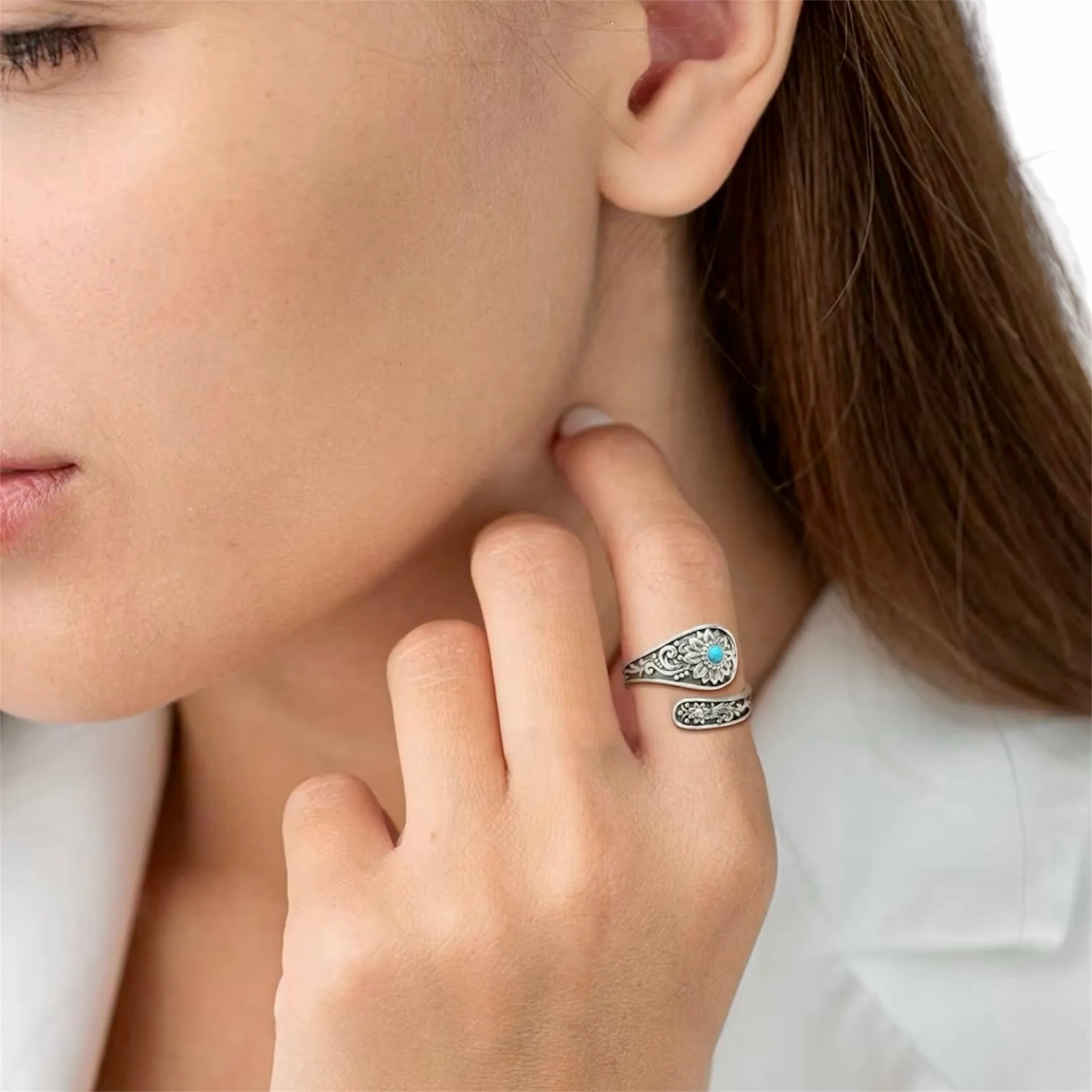 Sterling Silver Adjustable Ring with Turquoise Floral Inlay – 925 Open Bypass Design