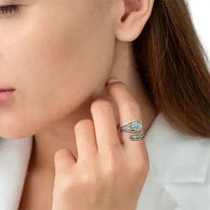 Sterling Silver Adjustable Ring with Turquoise Floral Inlay – 925 Open Bypass Design