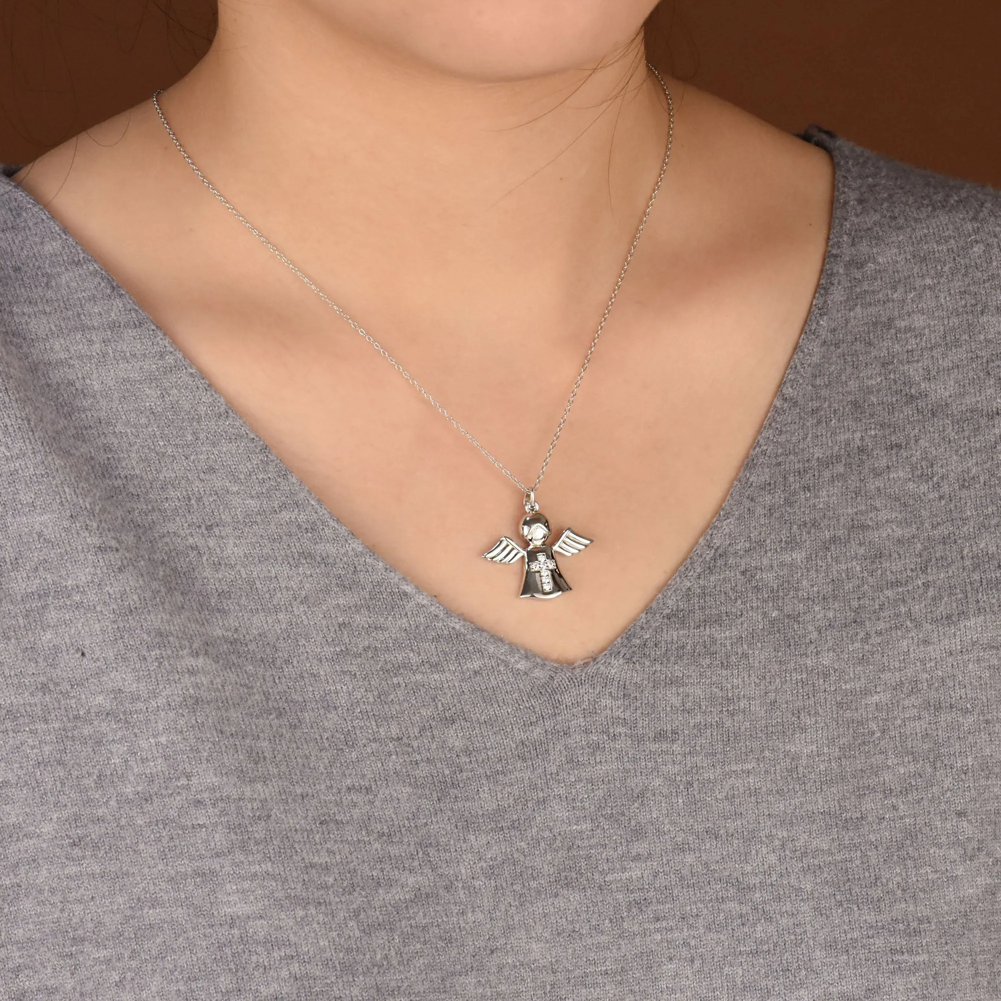 Sterling Silver Angel Cross Pendant Necklace with Bible Photo Locket Keepsake