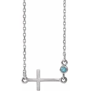 Sterling Silver Aquamarine Sideways Accented Cross 16-18" Necklace