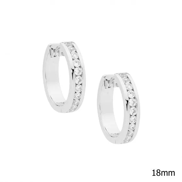 Sterling Silver Channel Set Round Cubic Zirconia in 18mm Hoop Earrings E395W